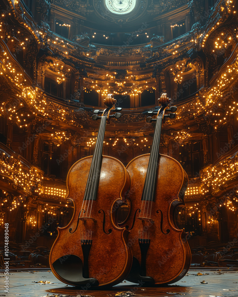 Poster retro theater scene with two violins lying crossed, illuminated by golden light, creating an atmosph