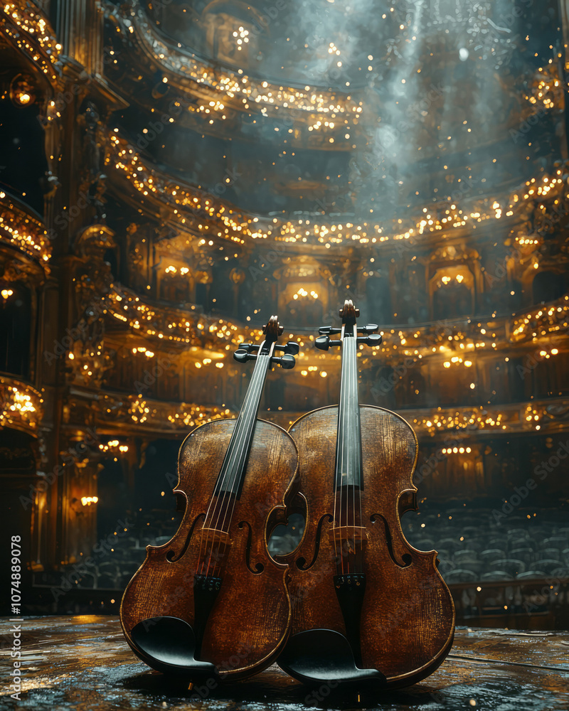 Aufkleber Retro theater scene with two violins lying crossed, illuminated by golden light, creating an atmosphere of quiet elegance and anticipation,
