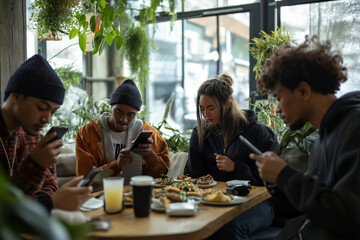 Multiethnic friends are using their smartphones while having lunch together in a trendy cafe