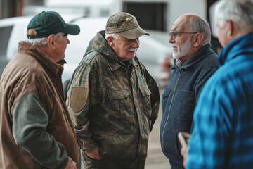 Fototapeta premium Elderly veterans chat outdoors, sharing stories and memories, showing camaraderie and unity