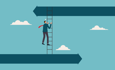 Decision to change to better opportunity. Change business approach. Man climbing ladder between opposite arrows. Suitable for business growth, success, progress concepts in presentations, websites