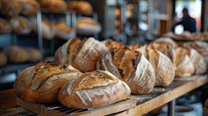 Artisan bread loaves on a wooden baker's rack