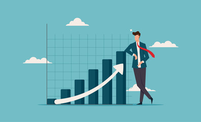 Businessman next to rising bar graph is perfect for presentations, financial reports, business articles, success stories, and motivational content. Investment profit growth, financial advisor