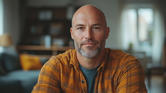 portrait of handsome caucasian bald man 45 years old wearing orange shirt at home