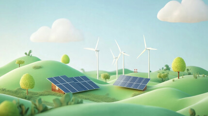 Renewable Energy Farm with Solar Panels and Wind Turbines in Lush Green Hills Landscape 3D