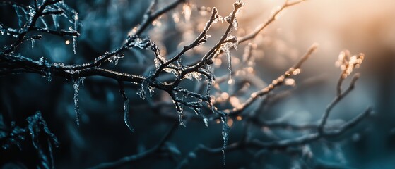 Frozen branches glistening in the morning sunlight at dawn in a winter forest