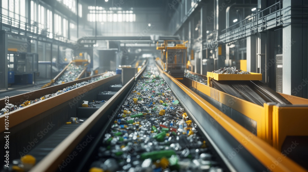 Poster automated recycling facility with conveyor belts sorting materials in high-tech environment