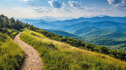 Kręta ścieżka na grzbiecie g&oacute;ry oferuje niezwykłe widoki na g&oacute;ry i doliny, tworząc obraz pełen majestatycznego piękna. 
