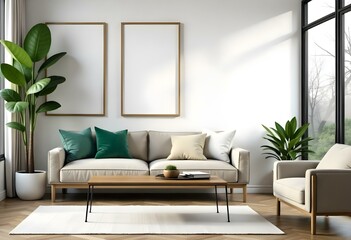 A modern living room with a beige sofa, green and white throw pillows, a wooden coffee table, and two empty frames on the wall.