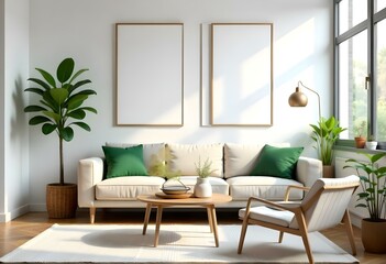 A modern living room with a beige sofa, green and white throw pillows, a wooden coffee table, and two empty frames on the wall.