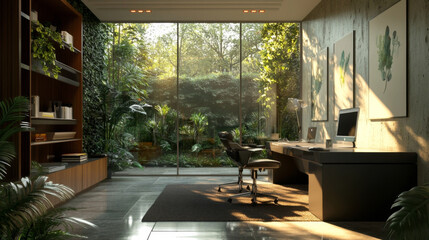 Fototapeta premium Eco-Conscious Modern Workspace with Recycled Furniture and Natural Lighting