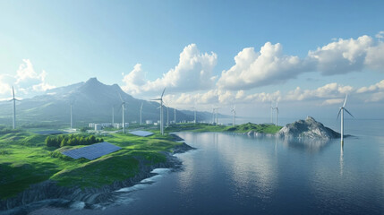 Fototapeta premium Renewable Energy Hub on Picturesque Coastline with Solar and Wind Farm Harnessing Sustainable
