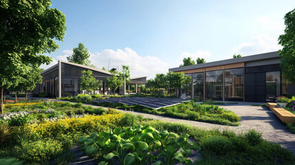 Fototapeta premium Sustainable Green Building with Rooftop Garden and Renewable Energy Panels