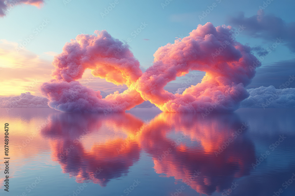 Poster surreal 3d artwork of two clouds connecting as an infinity symbol, illuminated with warm, pastel col
