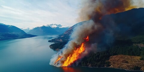 Aerial view of a forest fire near a lake, with intense flames and smoke rising against a mountainous backdrop.