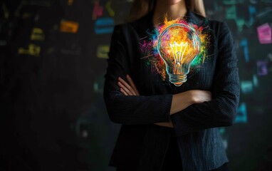 Creative businesswoman standing with crossed arms, colorful lightbulb sketch glowing above, symbolizing new ideas and innovation