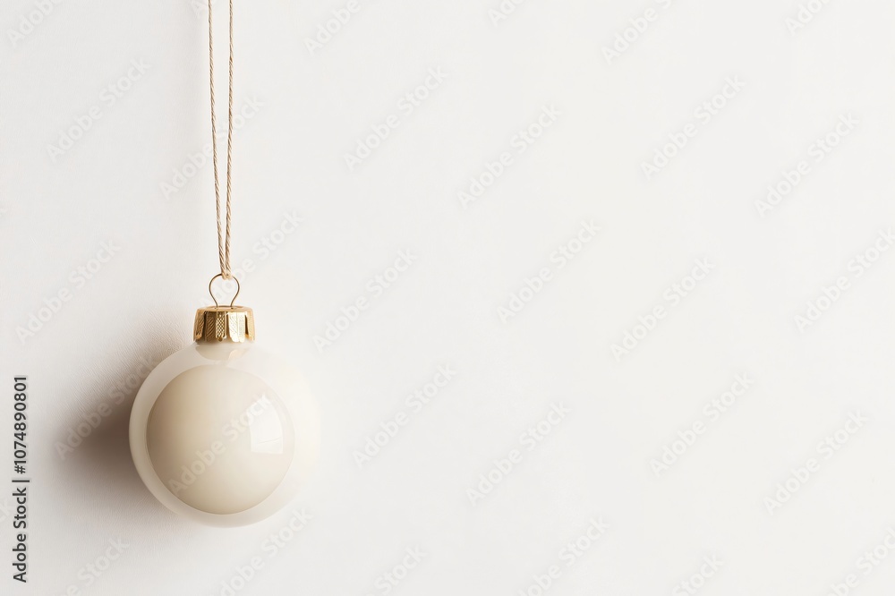 Poster minimal christmas composition with white bauble hanging on a string on white background with copy sp