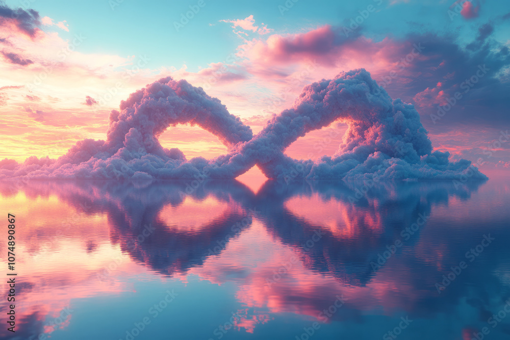 Poster Gentle 3D scene of two clouds forming an infinity loop, set in a soft blue-pink gradient sky for a dreamy effect,