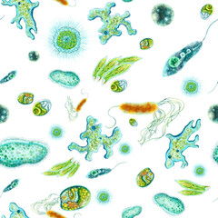 Color illustration of microbes and bacteria. Seamless pattern for printing fabric, bed linen, wallpaper, wrapping paper on a medical theme. For packaging design of antiseptics and hygiene products