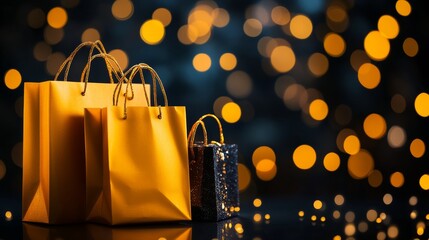 Golden Shopping Bags with Festive Bokeh Background