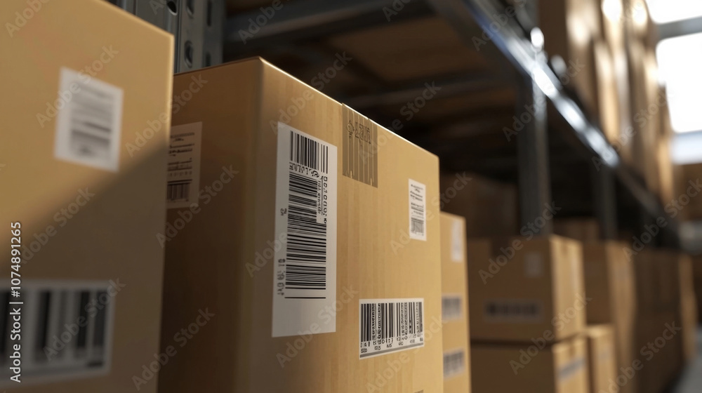 Aufkleber close-up view of distribution labels being attached to inventory boxes highlighting tracking