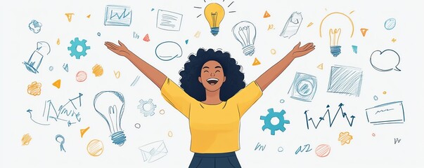 Excited businesswoman with raised arms, surrounded by sketch doodles of startup icons like a lightbulb, gear, and financial growth