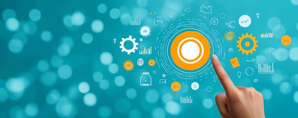 Fototapeta premium Hand pointing at a digital target, with business icons like gears, charts, and goals floating around, on a blue background