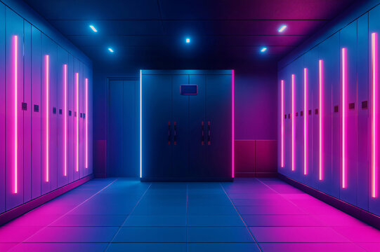 Enter a futuristic locker room with blue and purple neon lights, digital keypads, and sleek lockers, giving off a sci fi cyberpunk vibe
