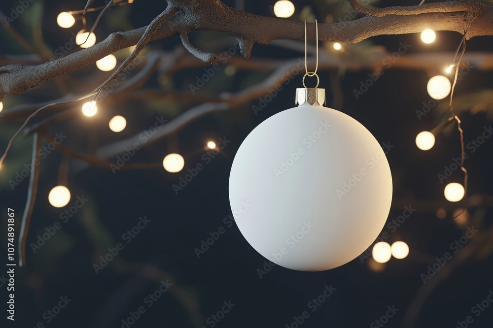 Poster white christmas ornament hanging from a branch with string lights in the background creating a cozy 