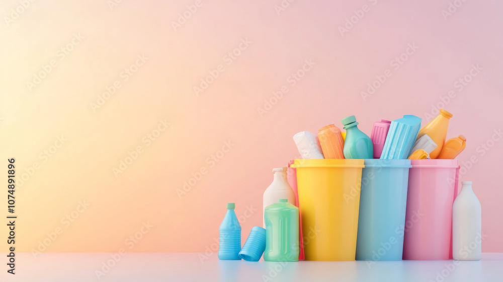 Poster colorful plastic recycling bin with efficient sorting setup in 3d