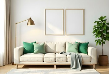 A modern living room with a beige sofa, green accent pillows, a pendant light, and two blank white frames on the wall.