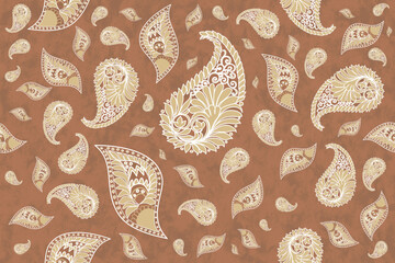 A vibrant and intricate paisley pattern fills the canvas, featuring teardrop-shaped motifs in shades of brown and white. The design showcases a traditional and ornate style.