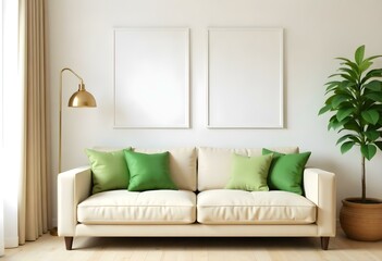 A modern living room with a beige sofa, green accent pillows, a pendant light, and two blank white frames on the wall.