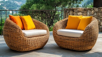 Obraz premium Luxurious woven rattan outdoor chairs with plush cushions and vibrant yellow pillows on a scenic terrace overlooking lush green hills, perfect for relaxation and style.