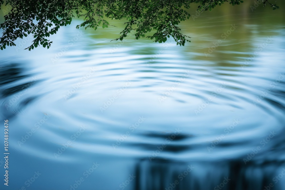 Poster concentric ripples spreading on the surface of a body of water with tree branches reflected on its s