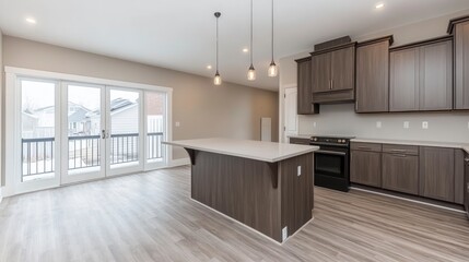 Naklejka premium Modern Kitchen Island with Light Wood Cabinets and Stainless Steel Appliances