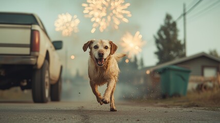 Frightened Dog Running Away from Loud Fireworks on Street