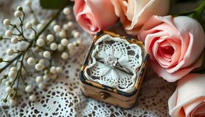 A diamond engagement ring resting in a vintage lace-lined box, complemented by soft pastel flowers such as baby&rsquo;s breath and pink roses with copy space