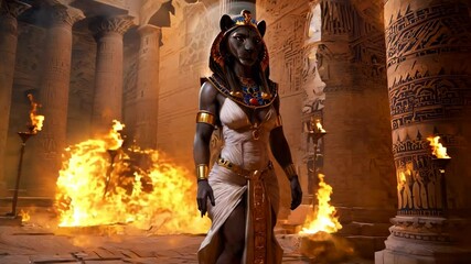Sekhmet in the shadows of the temple, standing poised and ready, a symbol of resilience and fierce protection