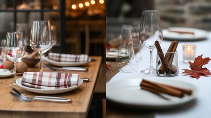 Fototapeta premium Elegant dining table settings for a festive gathering with fine glassware, polished cutlery, and seasonal decorations in a cozy atmosphere