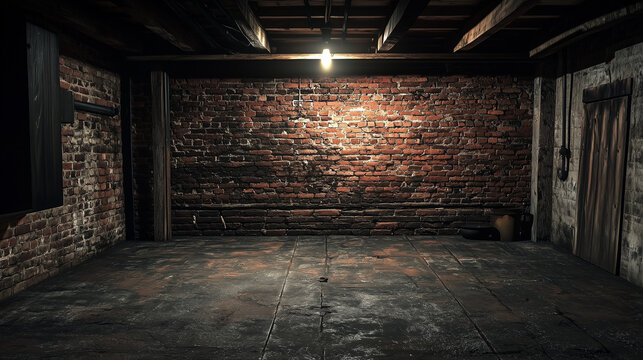 Fototapeta  Ciemna piwnica z ceglaną ścianą i szorstką podłogą tworzy nieco mroczny, ale intrygujący klimat.