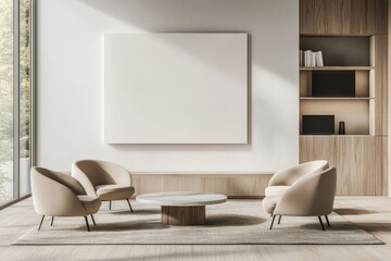 Modern Meeting Room with Large White Wall and Panoramic Windows, Minimalist Interior Design Mockup for Presentation