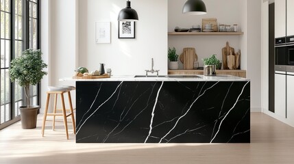 Modern Kitchen Island with Black Marble Countertop and Wooden Stools