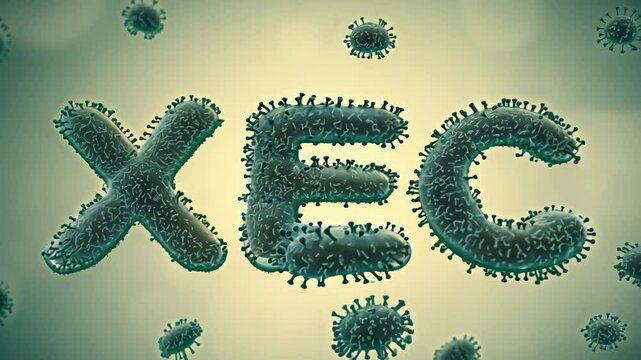 word "XEC" formed from virus-like particles, surrounded by floating viral structures in a microscopic environment