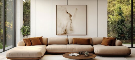 Spacious Living Room Embrace Scandinavian Minimalism with a Neutral Palette and Abstract Canvas Art