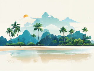 Generated cartoon conceptual illustration of a small island, coast, beach, and the open sea ocean.
