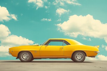 Yellow Vintage Car Profile Under Blue Sky, evoking retro vintage vibes