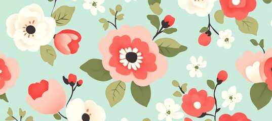 Seamless Floral Pattern, Pink and White Blossoms on Light Blue Background, Romantic Floral Print