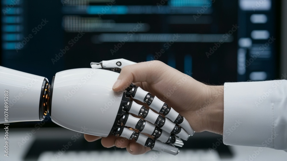 Poster a human hand shakes a robotic arm, symbolizing collaboration between humans and artificial intellige