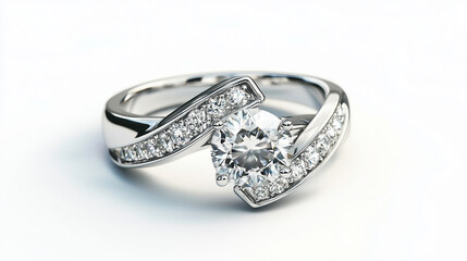 Pierścionek ślubny leży na czystym białym tle, co wyeksponowuje jego elegancki wygląd i subtelną prostotę. 